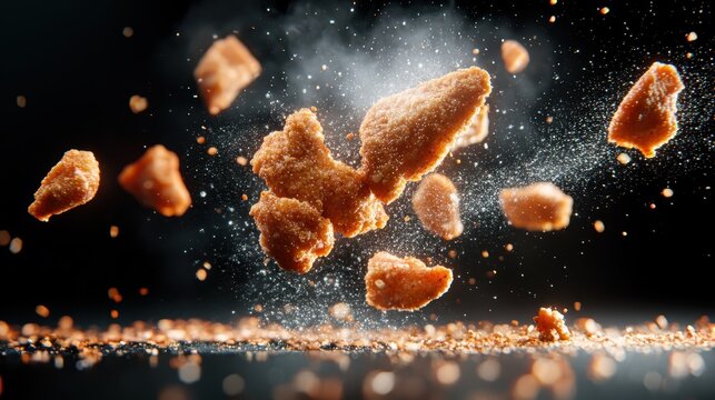 A dynamic composition of crispy fried chicken pieces suspended in mid-air, surrounded by a flurry of spices and seasoning dust, creating an enticing visual treat for food lovers.