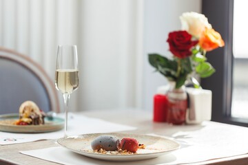 Enjoy a beautifully plated sushi meal and dessert in a chic restaurant setting, complemented by fresh roses and a sparkling beverage, ideal for special occasions like Valentine's Day