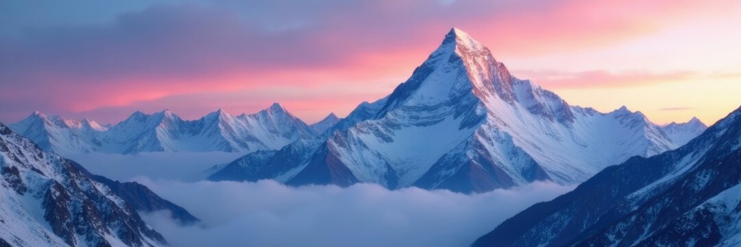 Snow-encrusted peak of Nanga Parbat at dawn with misty atmosphere, nanga, asia