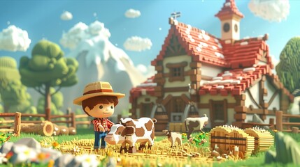 A young farmer caring for a cow on a vibrant, picturesque farm under a blue sky.