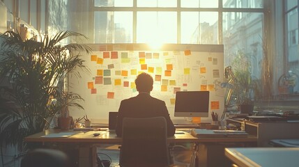 Fototapeta premium Businessman working at office desk, sunlight through window, brainstorming