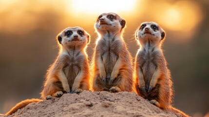 Fototapeta premium Three adorable meerkats pose confidently on a sandy mound during sunset, capturing a moment of playful curiosity in their natural habitat amid warm light.