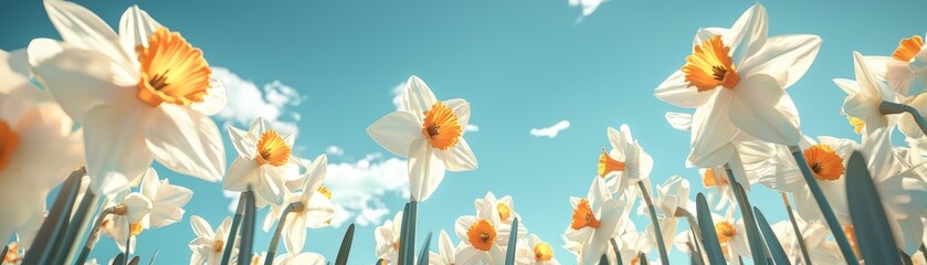 Fototapeta premium A vibrant field of daffodils stretches towards a bright blue sky, creating a picturesque spring scene filled with color and life, St David's Day