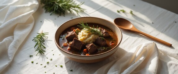 Savory beef stew served with mashed potatoes and fresh herbs in a cozy setting