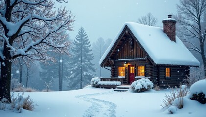 Fototapeta premium Snowflakes gently fall on a serene winter cottage roof, winter wonderland, frozen world, cozy cottage