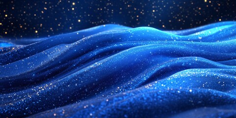Abstract Flowing Background, Abstract 3D Blue Waves with Glitter and Sparkles on a Dark Backdrop