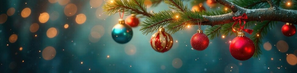 Obraz premium Tree branches with colorful ornaments and ribbons, twinkle, wood