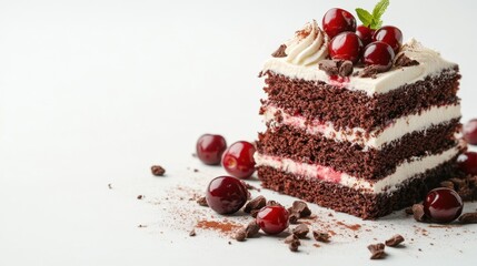 A delicious chocolate cake layered with creamy frosting and garnished with fresh cherries and chocolate shavings, perfect for dessert lovers and special occasions.