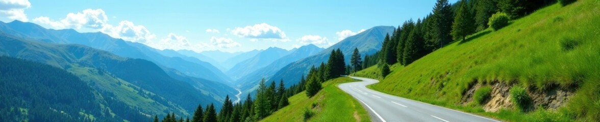 Obraz premium Trees lined along a winding mountain road with a clear blue sky, road, green, landscape