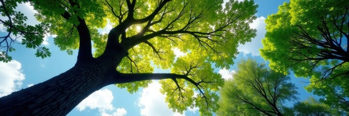Fototapeta premium Trees intertwined, branches stretching towards sky, trees entwined, live tree