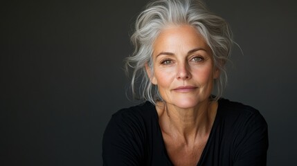 A captivating image of a serene woman with silver-gray hair, demonstrating poise and confidence, beautifully against a soft background, embodying elegance and beauty.