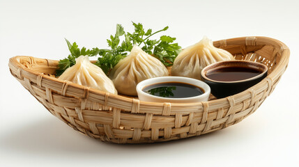 Fototapeta premium Steamed dumplings with dipping sauces in a woven basket.