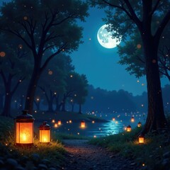Twinkling fireflies, lanterns in trees, moonlight filtering, moonlight, shadows, ambiance