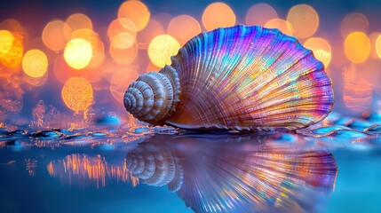 Colorful seashell reflecting light on a tranquil surface with a bokeh background