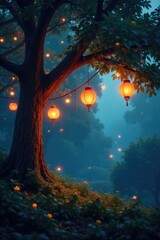 Twinkling lanterns shine amidst the tree foliage, tree, radiant