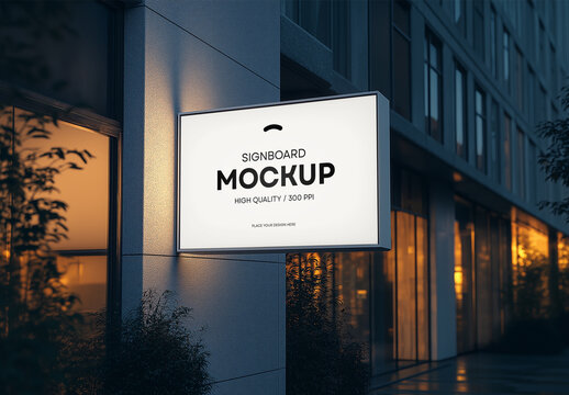 Realistic Outdoor Signboard Mockup &ndash; Wall Mounted Commercial Advertising Display with Evening Lighting for Branding and Business Promotion
