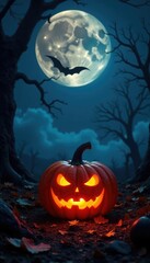 Fototapeta premium Twinkling moonlight casts eerie glow on pumpkin, shadows, night, moon
