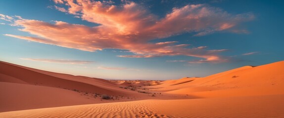Arid Desert Landscape with Blue Sky and Dramatic Clouds in Vibrant Orange Sand Dunes