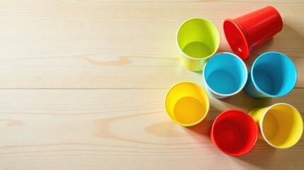 Brightly colored cups arranged on a light wooden surface.