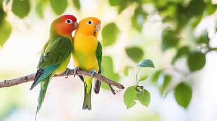 Fototapeta premium Lovebirds perched on branch, leafy background, nature