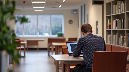 Young man working on laptop in modern library.