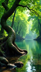 Twisted trunk of Pandanus utilis on riverbank, nature, green, river