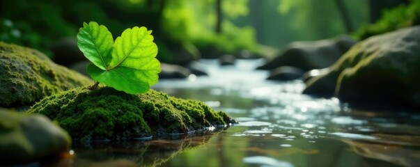 Una hoja de helecho verde se balancea ligeramente al ritmo del arroyo que corre a trav?s de la zona, rocas, pelos, helecho