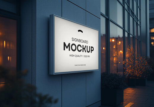 Realistic Outdoor Signboard Mockup &ndash; Wall Mounted Commercial Advertising Display with Evening Lighting for Branding and Business Promotion