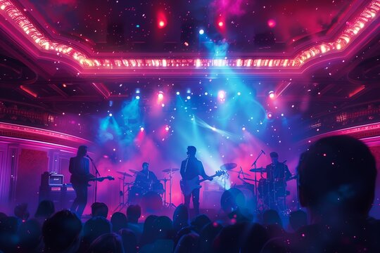 An electrifying live band performance surrounded by vibrant lights and an enthusiastic crowd.