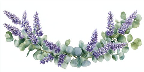 Watercolor lavender wreath with eucalyptus leaves, vector illustration, white background