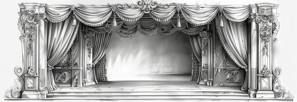 An elegant theater stage with ornate curtains and classic design, ready for a performance.