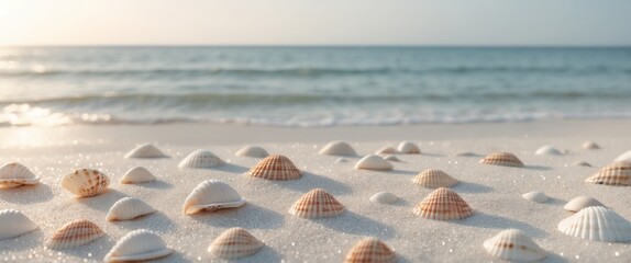Tranquil Beach with Seashells on Shimmering Sand and Ocean Waves.