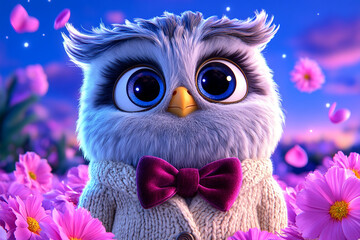 Obraz premium Cute Owl with Maroon Bow Tie - Ideal for Valentine's Day and Romance Stock Photos
