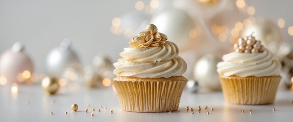 Elegant Gold Cupcake Decoration for Holidays with Copy Space for Text and Festive Background.