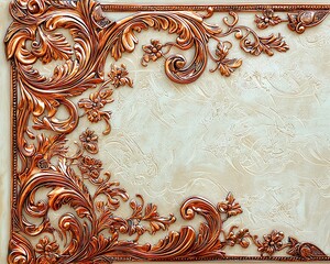 Antique rose gold plaque with arabesque scroll designs on ivory, detailed corner embellishments, islamic patterns, fine metalwork, antique finish