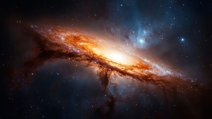 Obraz premium A mesmerizing spiral galaxy dances in the cosmic backdrop, radiating intricate patterns and celestial colors that spark curiosity and evoke a sense of awe and wonder.