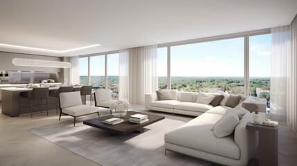Fototapeta premium A spacious modern interior with large floor-to-ceiling windows allowing soft natural light
