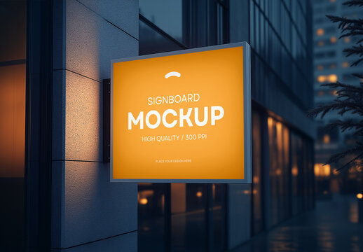 Realistic Outdoor Signboard Mockup &ndash; Wall Mounted Commercial Advertising Display with Evening Lighting for Branding and Business Promotion