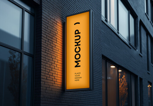 Realistic Outdoor Signboard Mockup &ndash; Wall Mounted Commercial Advertising Display with Evening Lighting for Branding and Business Promotion