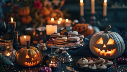A beautifully decorated Halloween party table with themed treats, including candy corn, spider cupcakes, and a jack-o'-lantern centerpiece, set against a backdrop of orange and black decorations