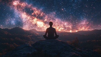 Obraz premium Silhouette meditating atop mountain under starry night sky