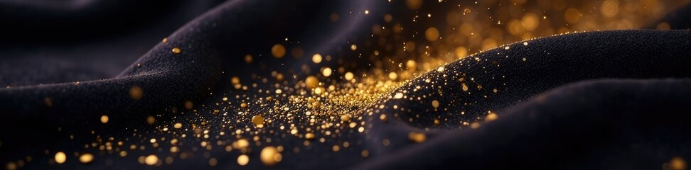 Obraz premium Glittering gold dust settles on a dark velvet cloth, luxury, decoration, metallic