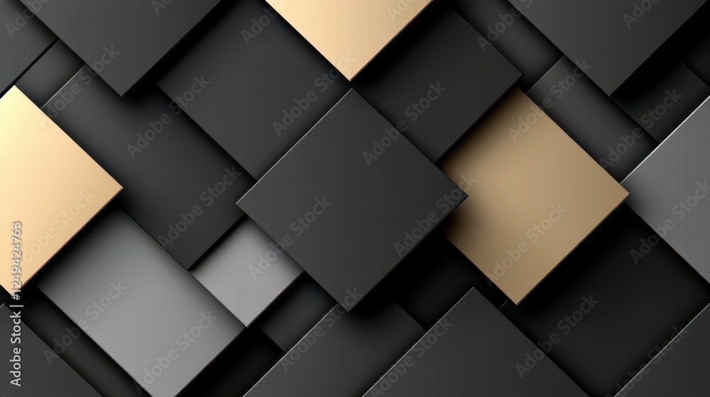 Poster abstract geometric shapes, black and gold pattern, overlapping squares, background design, website t