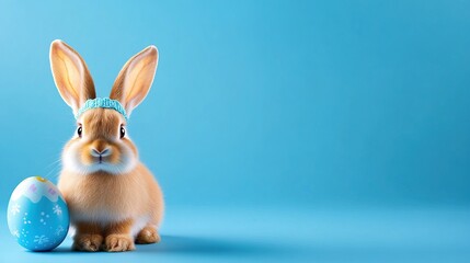 Obraz premium A cute rabbit wearing a headband sits beside a blue Easter egg on a bright blue background.