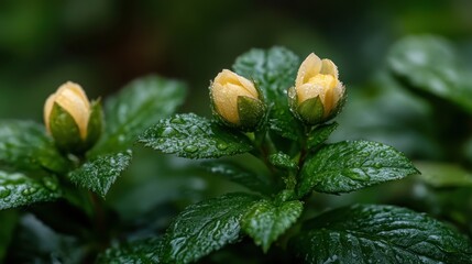 This close-up image captures delicate yellow flower buds glistening with droplets of dew, exemplifying the beauty and freshness of nature in a tranquil setting.