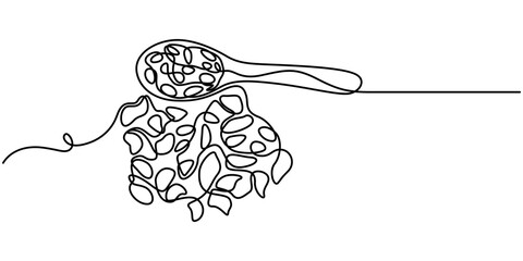 continuous one line drawing raisins spoons, raisins in a bowl isolated on white background, black raisins on a wooden spoon isolated over white, Granola with nuts and dried fruits on wooden spoon.