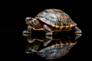 Obraz premium Turtle with patterned shell reflecting on black surface.