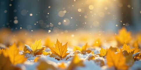 Snowflakes gently falling on a blanket of yellow leaves, snow, precipitation, autumn