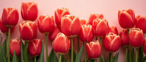 Fototapeta premium Vibrant Red Tulip Bouquet on a Floral Background, Perfect for Valentine's Day, International Women’s Day, and Celebrating Love
