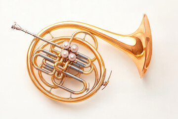 Golden French horn with elegant curved brass design